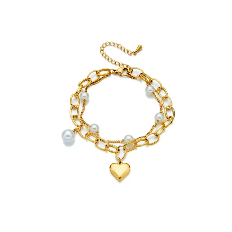316L Stainless Steel Heart Pearl Charm Bracelet For Women