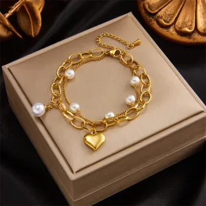316L Stainless Steel Heart Pearl Charm Bracelet For Women