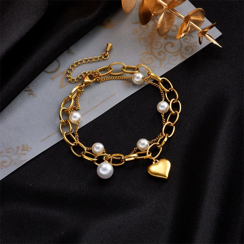 316L Stainless Steel Heart Pearl Charm Bracelet For Women