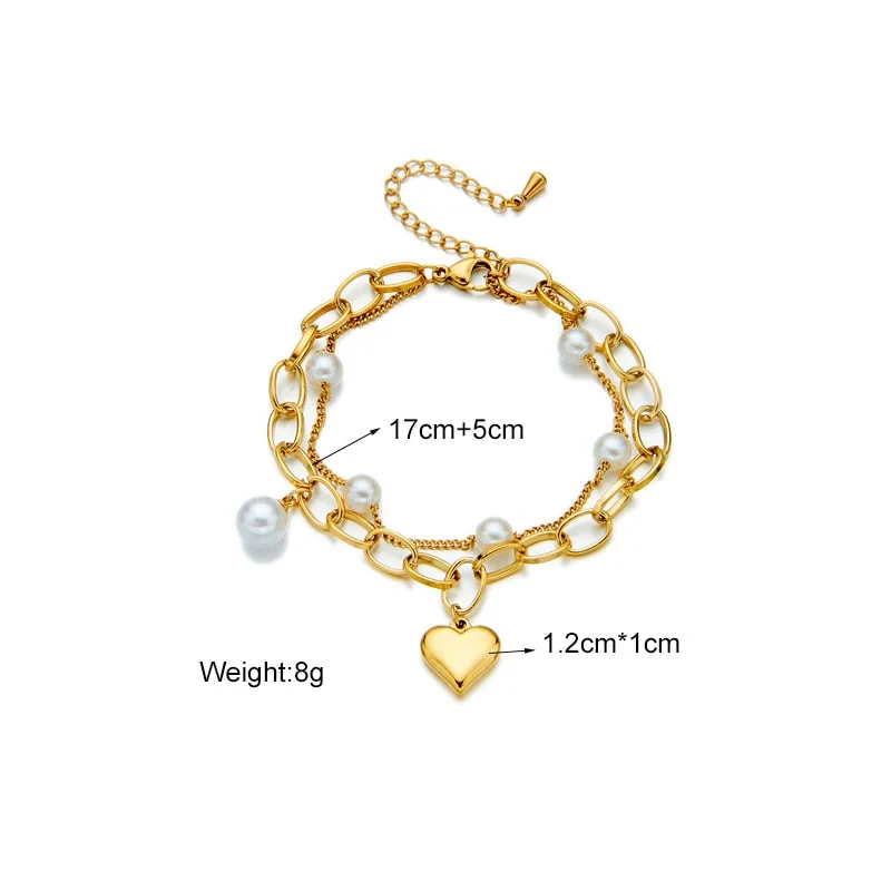 316L Stainless Steel Heart Pearl Charm Bracelet For Women