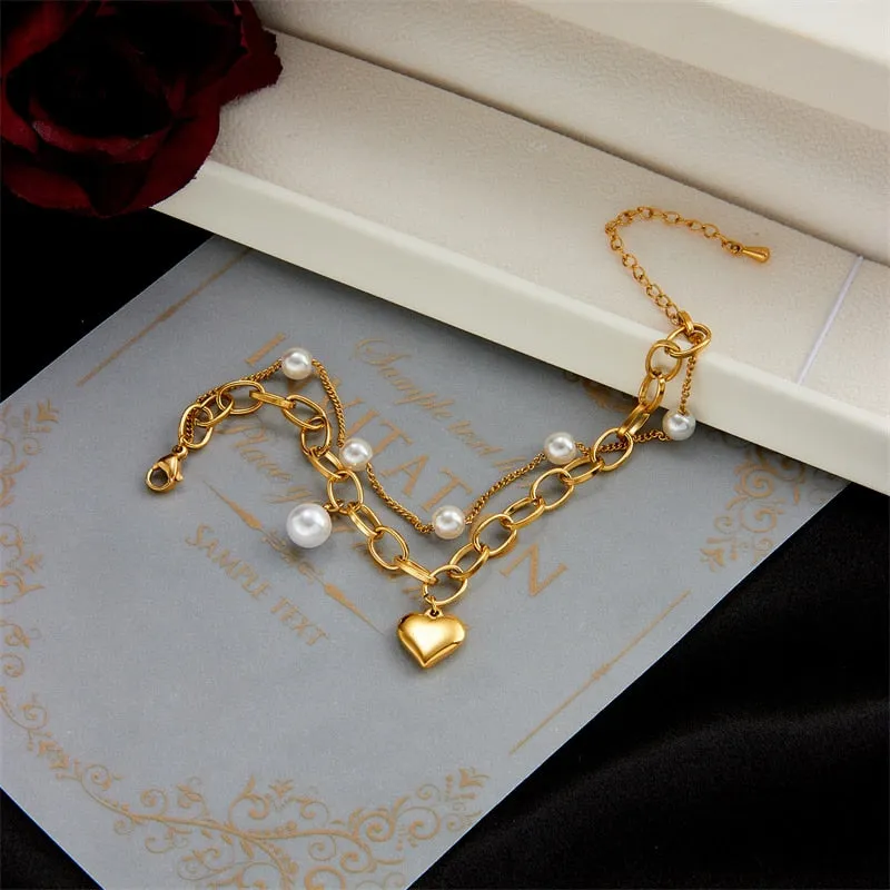 316L Stainless Steel Heart Pearl Charm Bracelet For Women