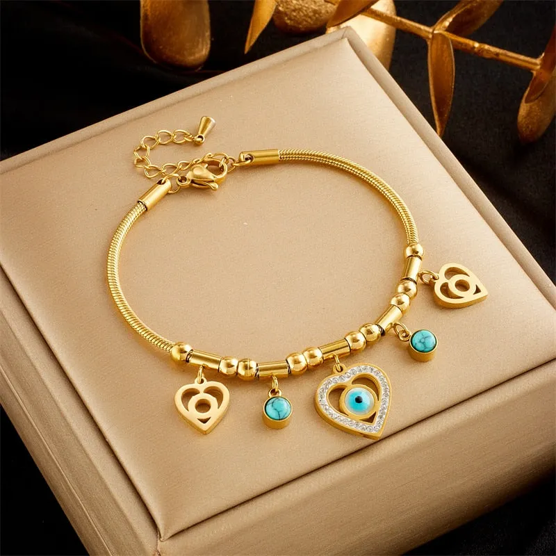 316L Stainless Steel Heart-Shaped Blue Eyes Charm Bracelet For Women