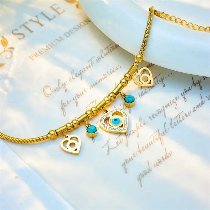 316L Stainless Steel Heart-Shaped Blue Eyes Charm Bracelet For Women