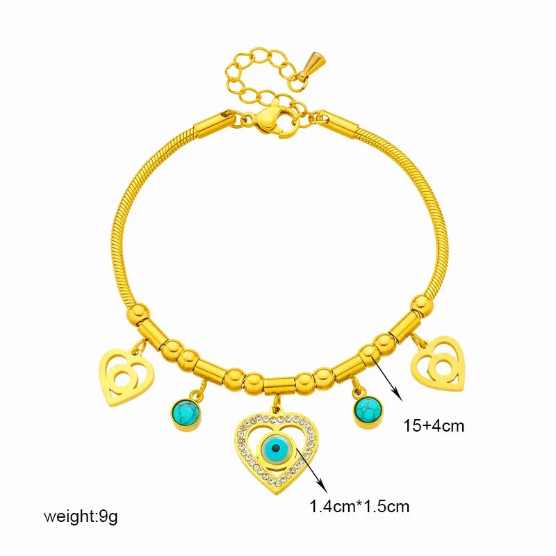316L Stainless Steel Heart-Shaped Blue Eyes Charm Bracelet For Women