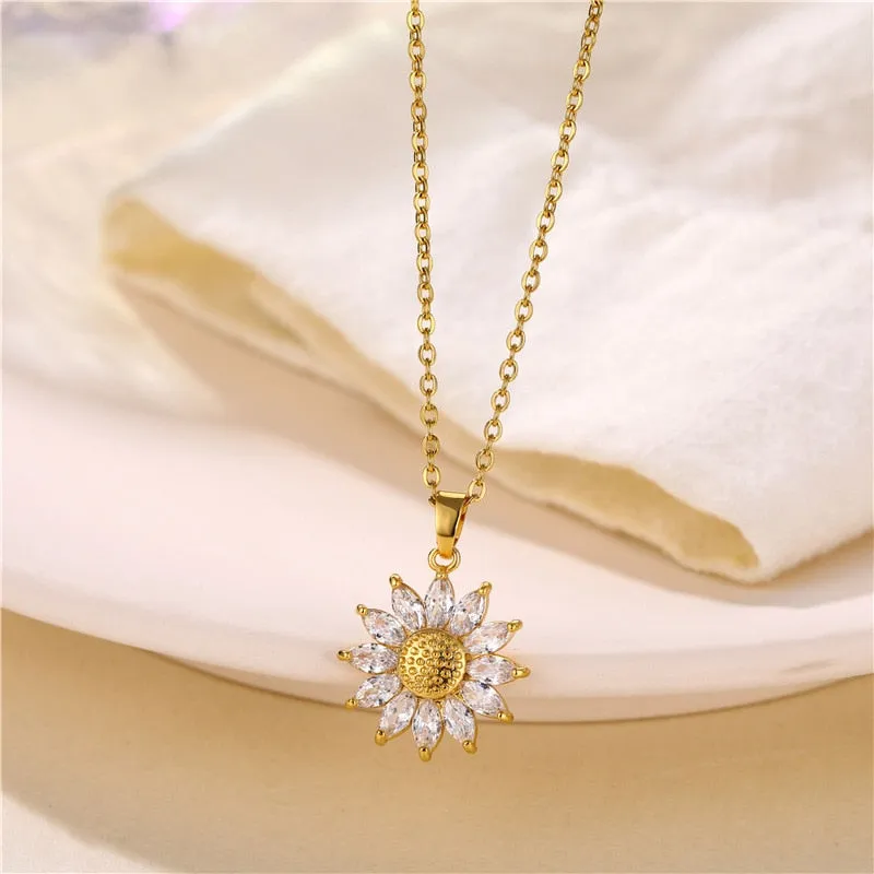 316L Stainless Steel Necklace Sunflower Pendant Golden Accessories for Women