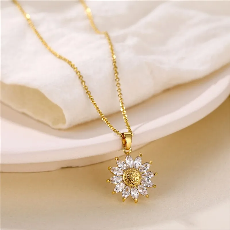 316L Stainless Steel Necklace Sunflower Pendant Golden Accessories for Women