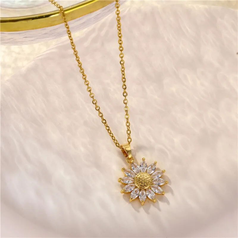 316L Stainless Steel Necklace Sunflower Pendant Golden Accessories for Women