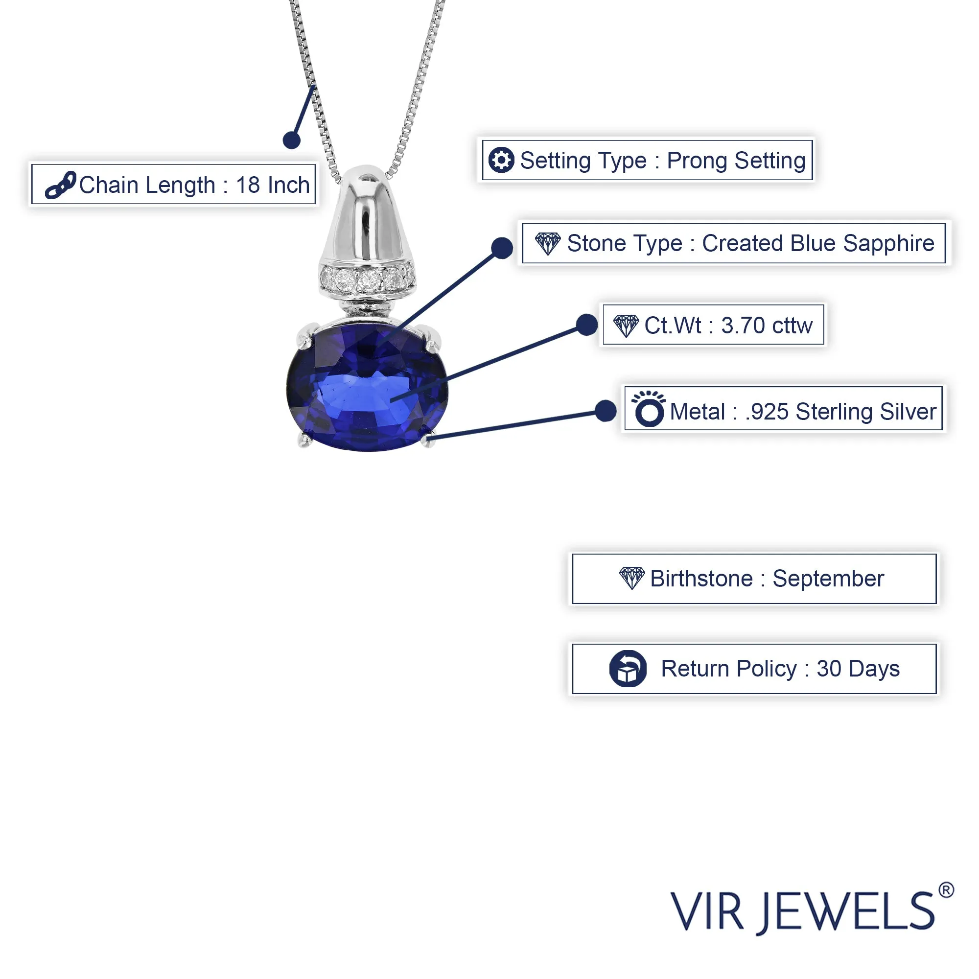 3.70 cttw Pendant Necklace, Created Blue Sapphire Oval Pendant Necklace for Women in .925 Sterling Silver with Rhodium, 18 Inch Chain, Prong Setting