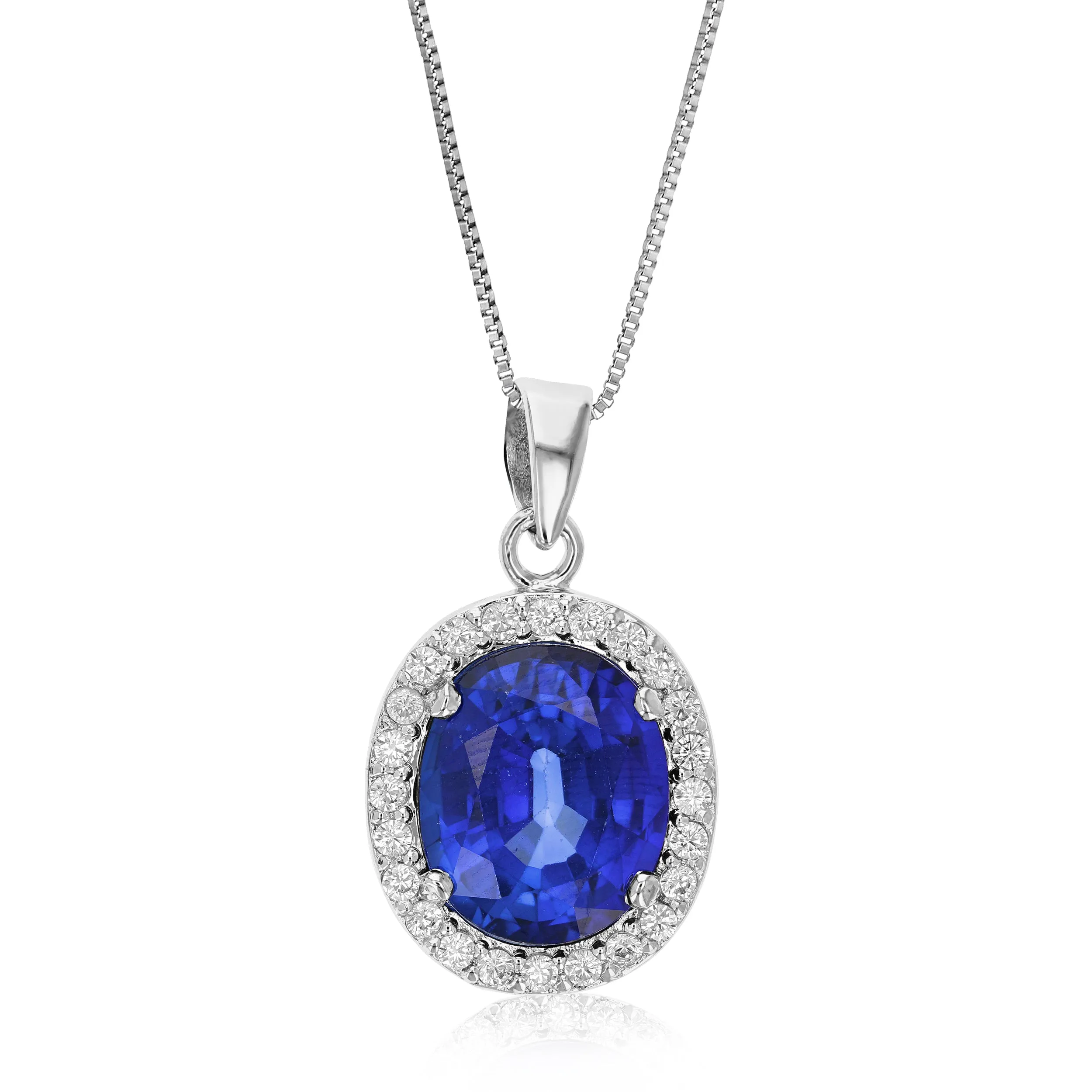 4.50 cttw Pendant Necklace, Created Blue Sapphire Oval Pendant Necklace for Women in Brass with Rhodium Plating, 18 Inch Chain, Prong Setting