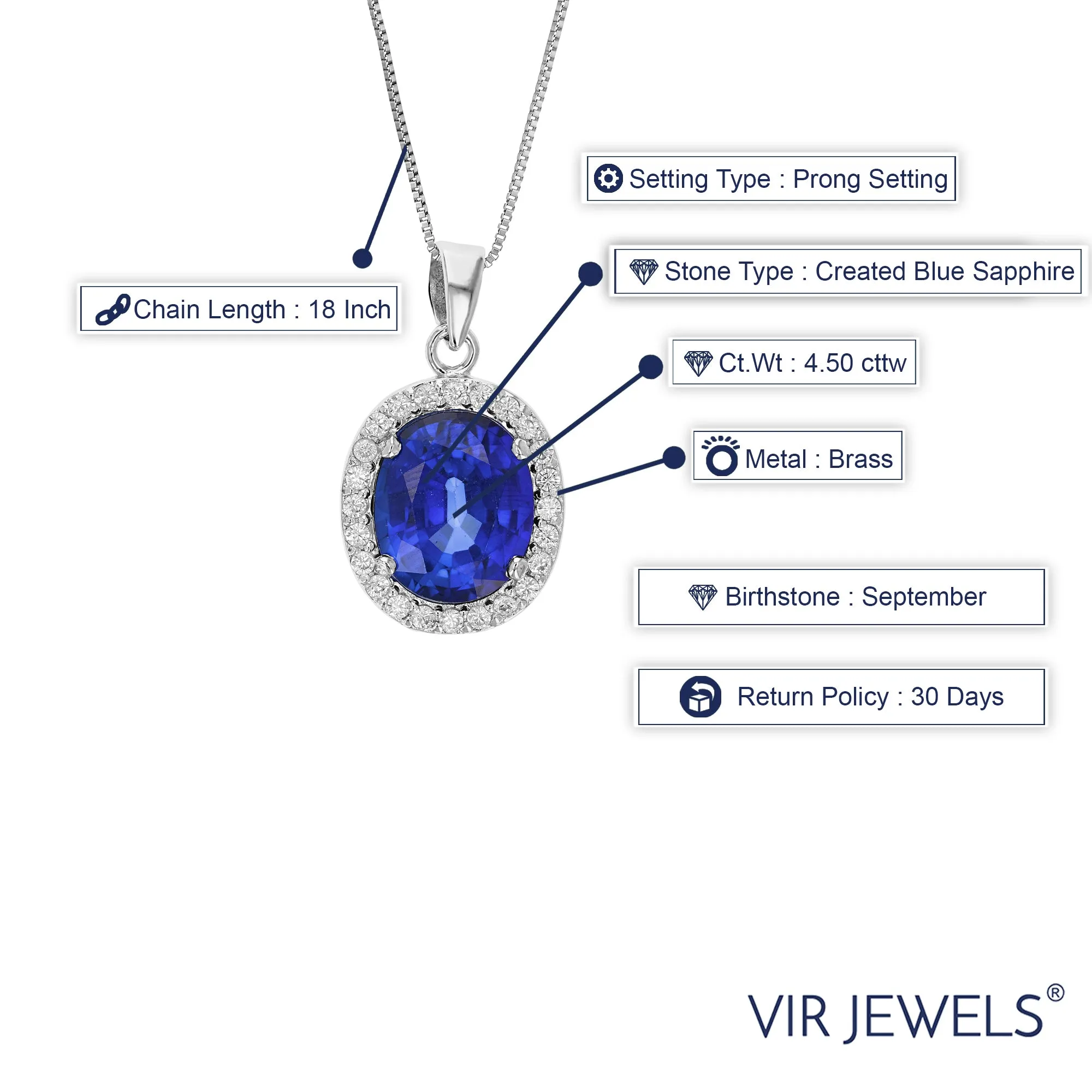 4.50 cttw Pendant Necklace, Created Blue Sapphire Oval Pendant Necklace for Women in Brass with Rhodium Plating, 18 Inch Chain, Prong Setting