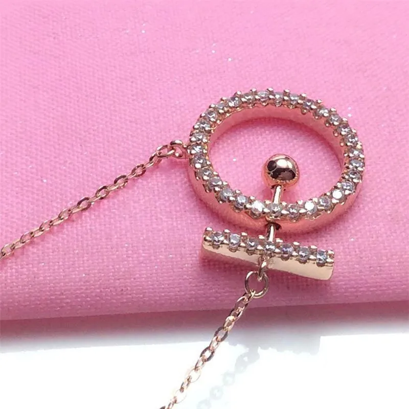585 Purple Gold 14K Rose Gold Fashion Inlaid Crystal Geometric Round Necklace
