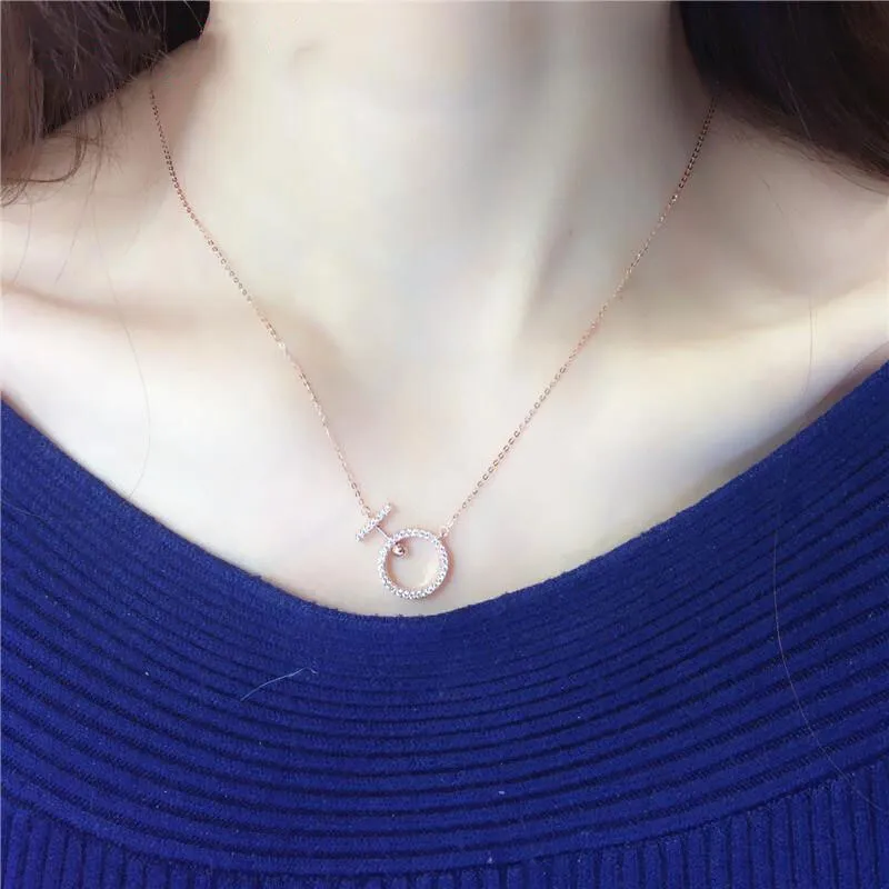 585 Purple Gold 14K Rose Gold Fashion Inlaid Crystal Geometric Round Necklace