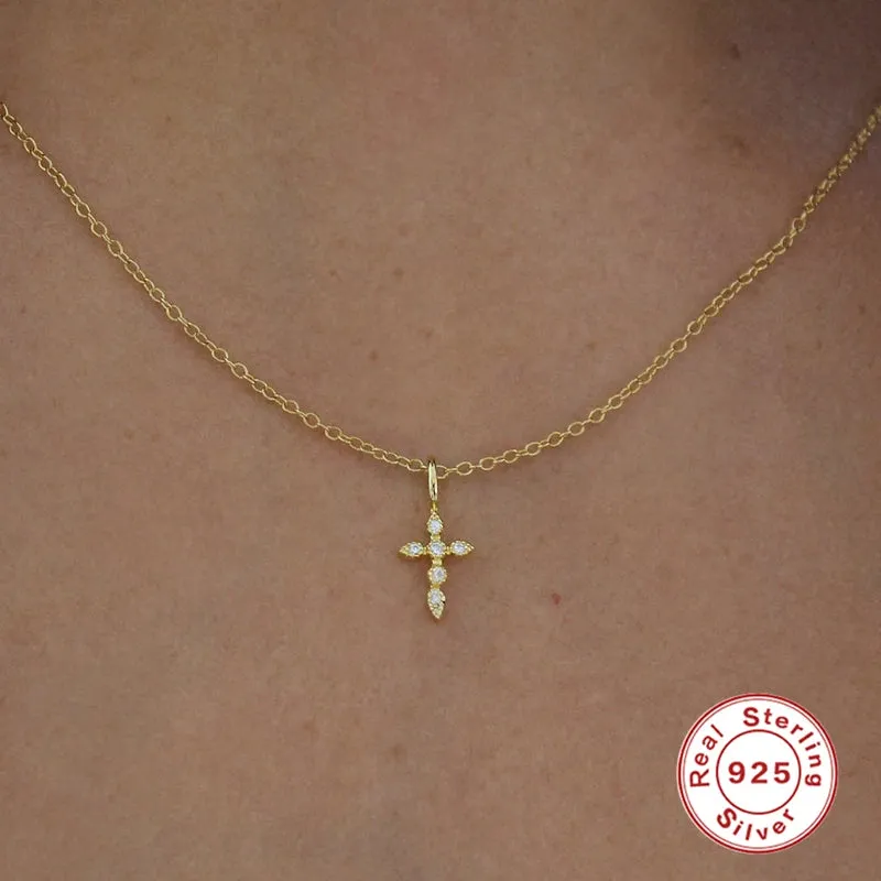 Aide 925 Sterling Silver Crystal Cross Choker Necklace