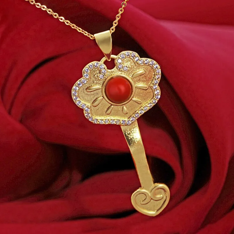 Ancient Gold Craft Luxury ethnic style Ruyi Lock Necklace
