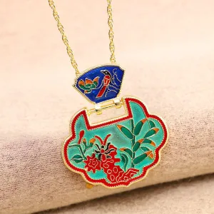 Ancient gold craftsmanship necklaces ethnic style lock Unusual enamel flowers leaf green pendant