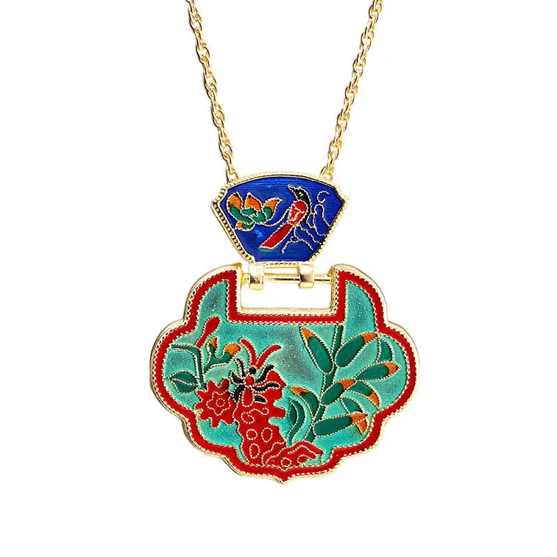 Ancient gold craftsmanship necklaces ethnic style lock Unusual enamel flowers leaf green pendant
