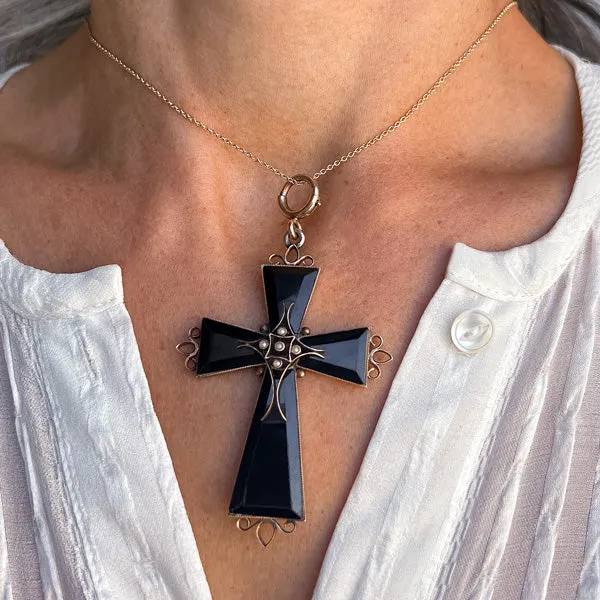 Antique Victorian Pearl & Onyx Cross