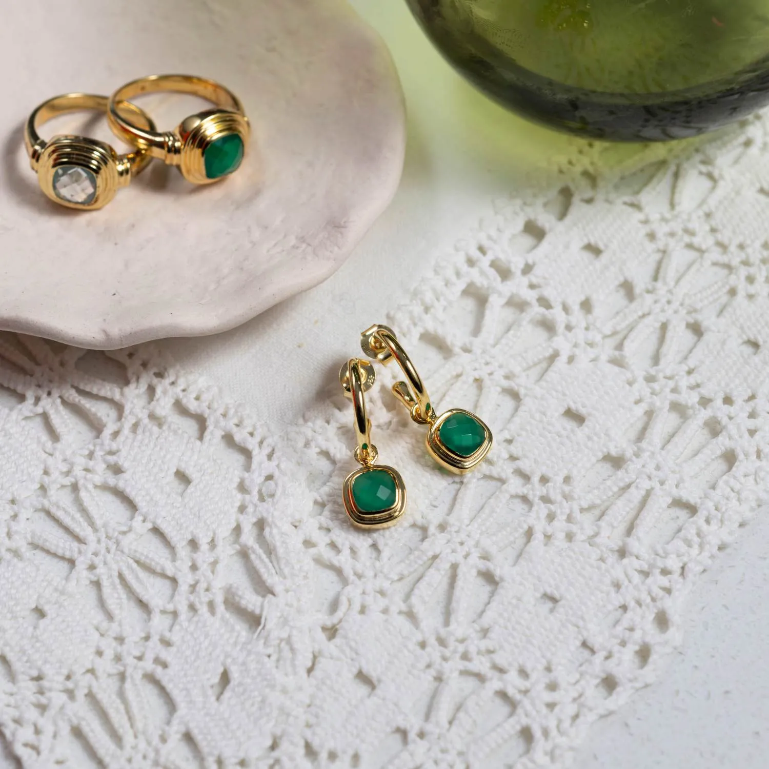 California Cushion Green Onyx & Gold Interchangeable Hoop Earrings