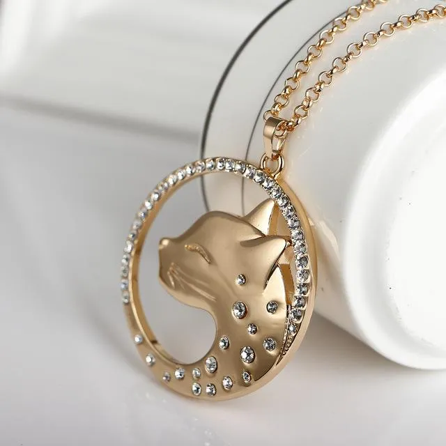 Cat Leopard Head Pendants Gold-Color Necklace