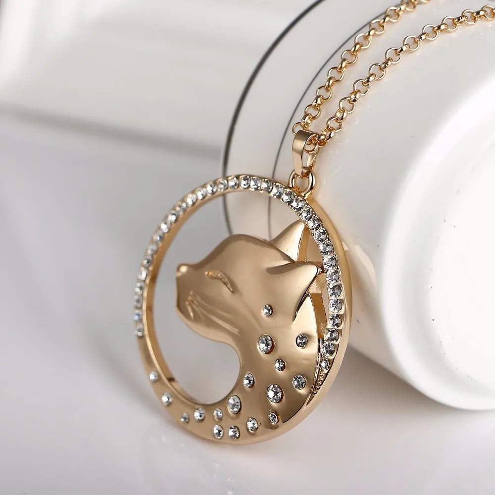 Cat Leopard Head Pendants Gold-Color Necklace