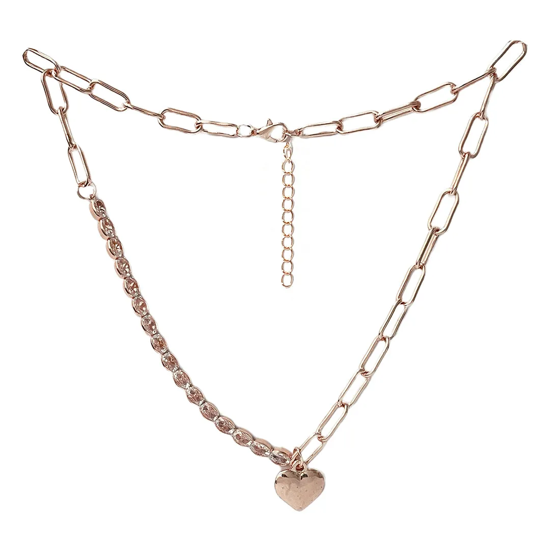Chunky Chain Link Diamante Studded Heart Pendant Rose Gold-Toned Necklace