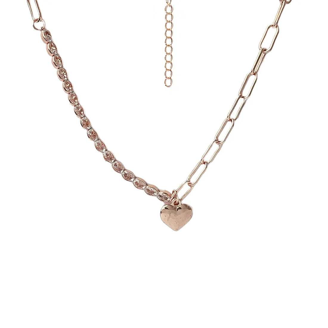 Chunky Chain Link Diamante Studded Heart Pendant Rose Gold-Toned Necklace