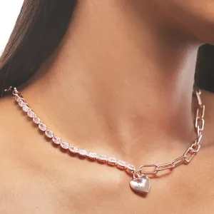 Chunky Chain Link Diamante Studded Heart Pendant Rose Gold-Toned Necklace