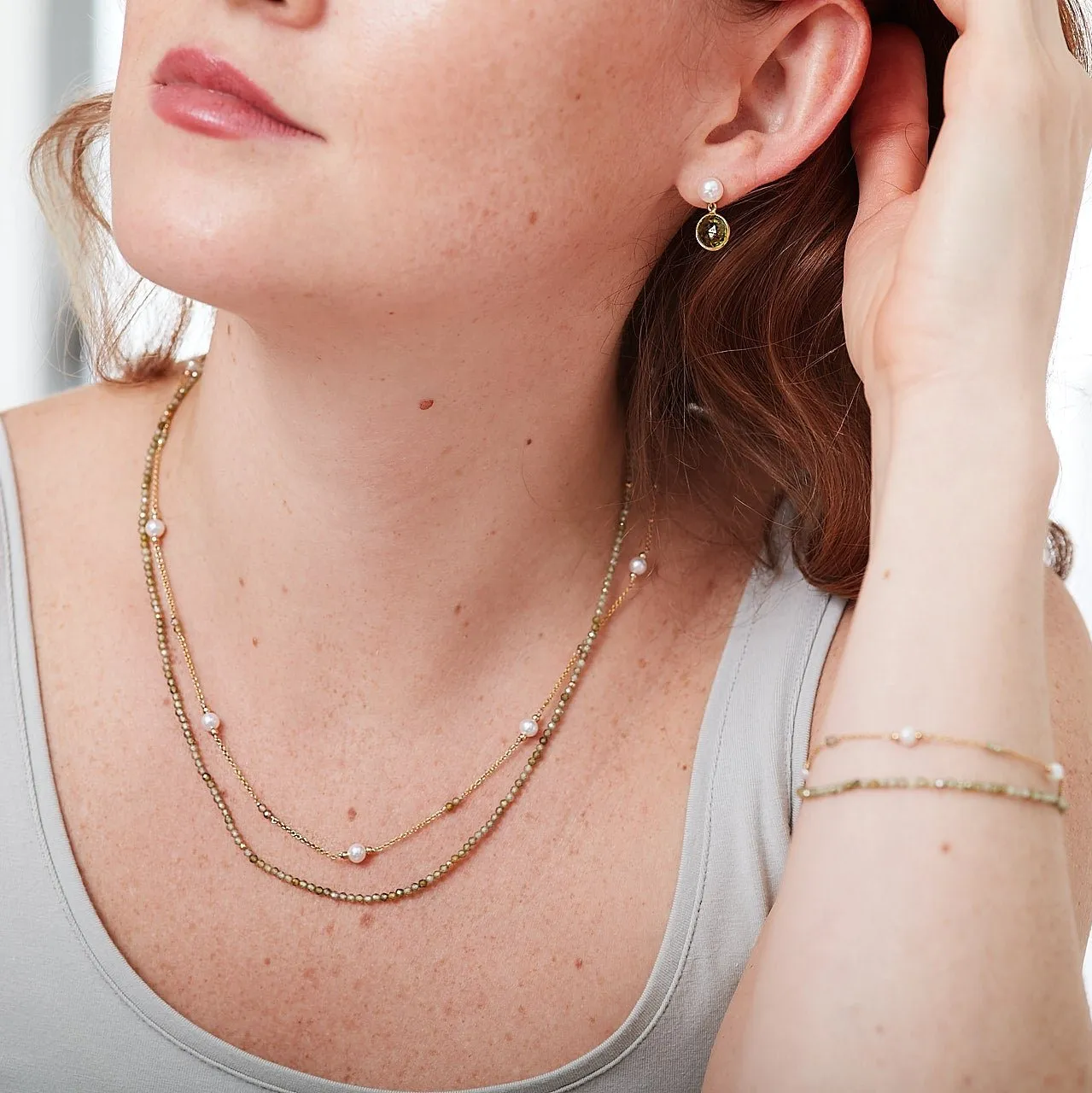 Clara fine double chain set with faceted peridot & cultured freshwater pearls