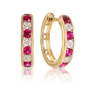Created Ruby & Diamond Hoop Earrings in 9ct Yellow Gold