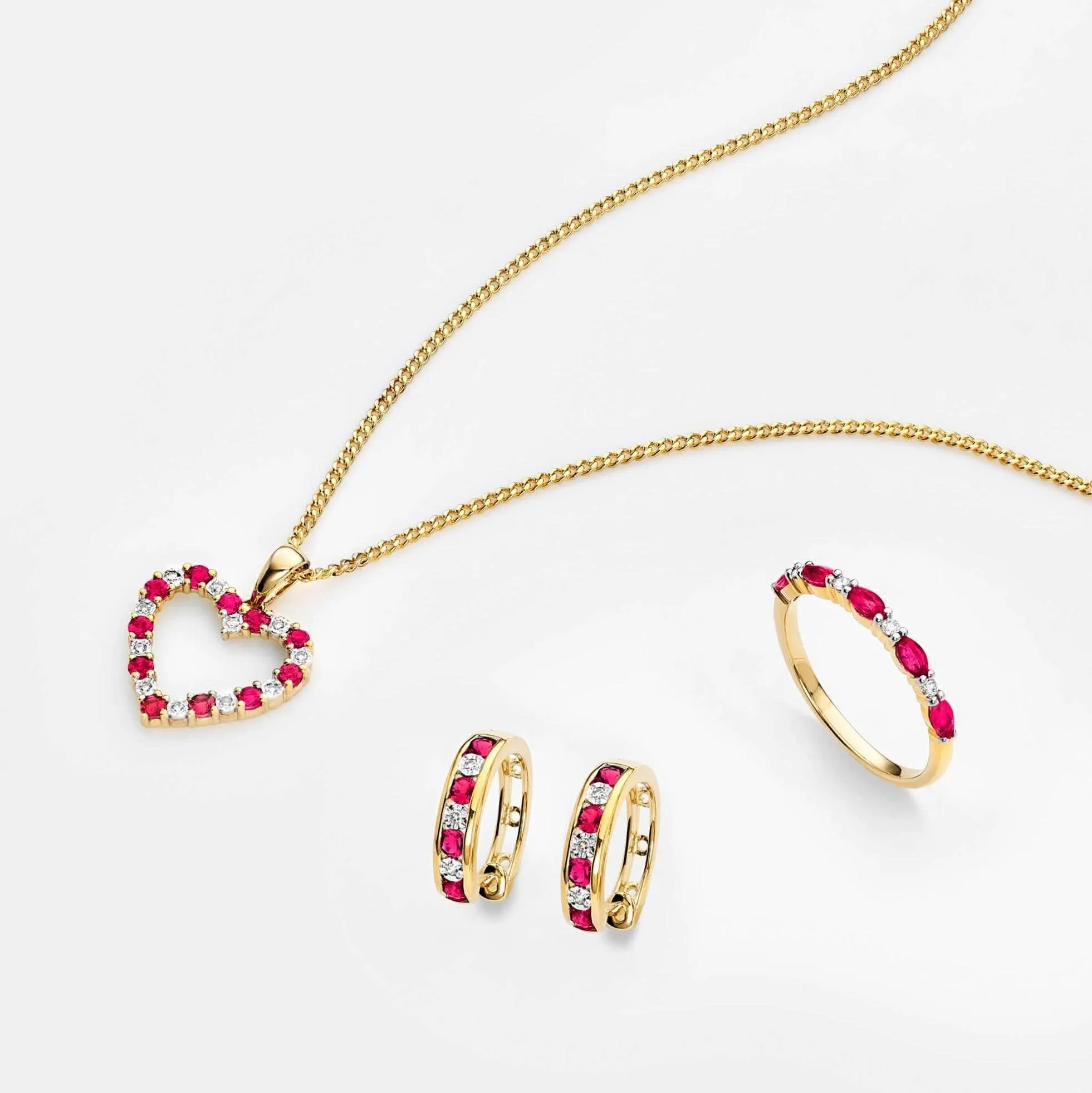 Created Ruby & Diamond Hoop Earrings in 9ct Yellow Gold