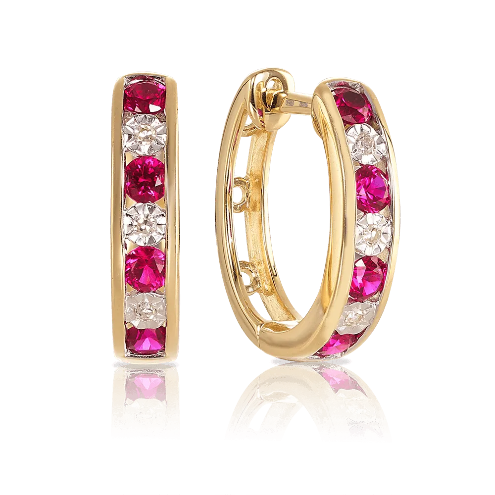 Created Ruby & Diamond Hoop Earrings in 9ct Yellow Gold