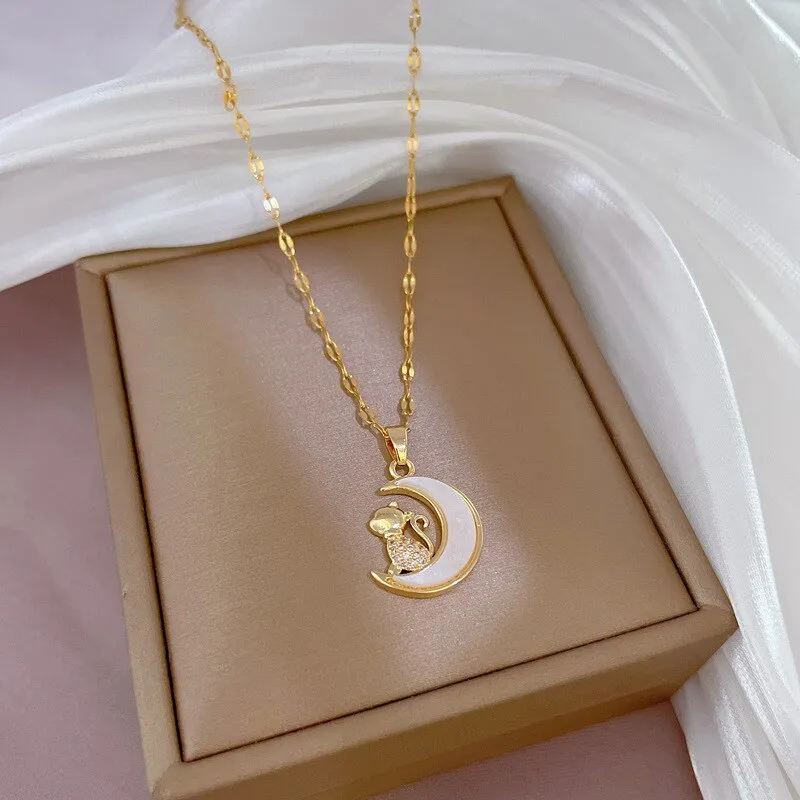 Cute Monkey On Moon Pendant Necklace for Women Korea Jewelry Chains Necklaces