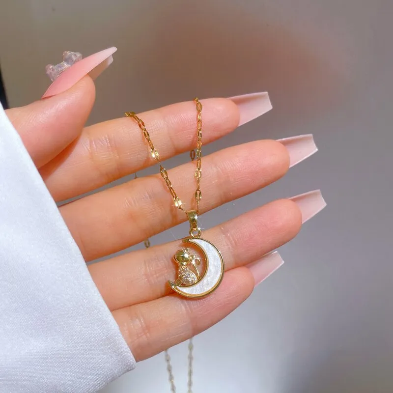 Cute Monkey On Moon Pendant Necklace for Women Korea Jewelry Chains Necklaces
