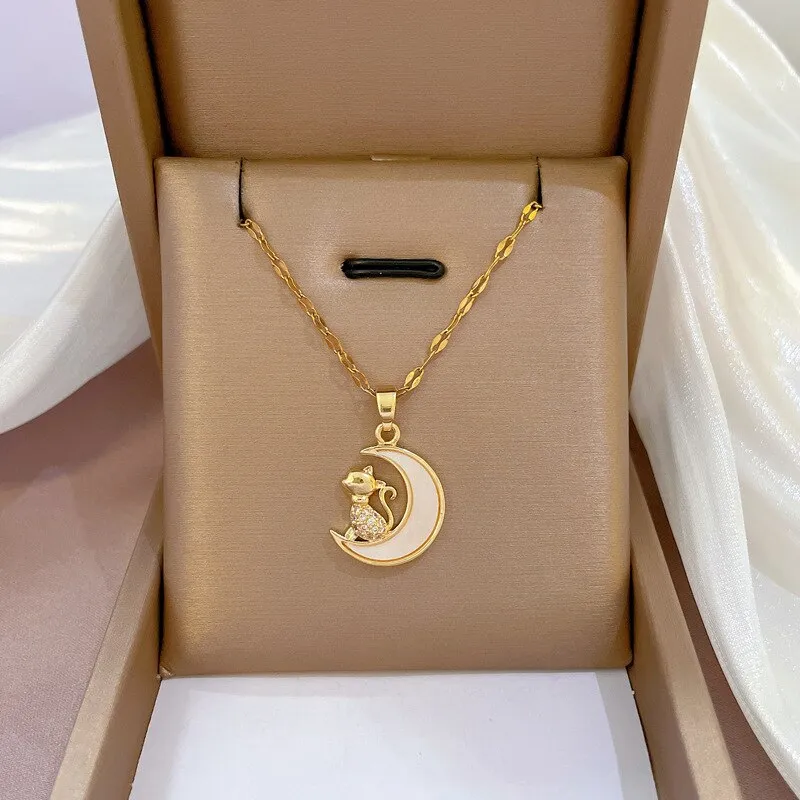 Cute Monkey On Moon Pendant Necklace for Women Korea Jewelry Chains Necklaces