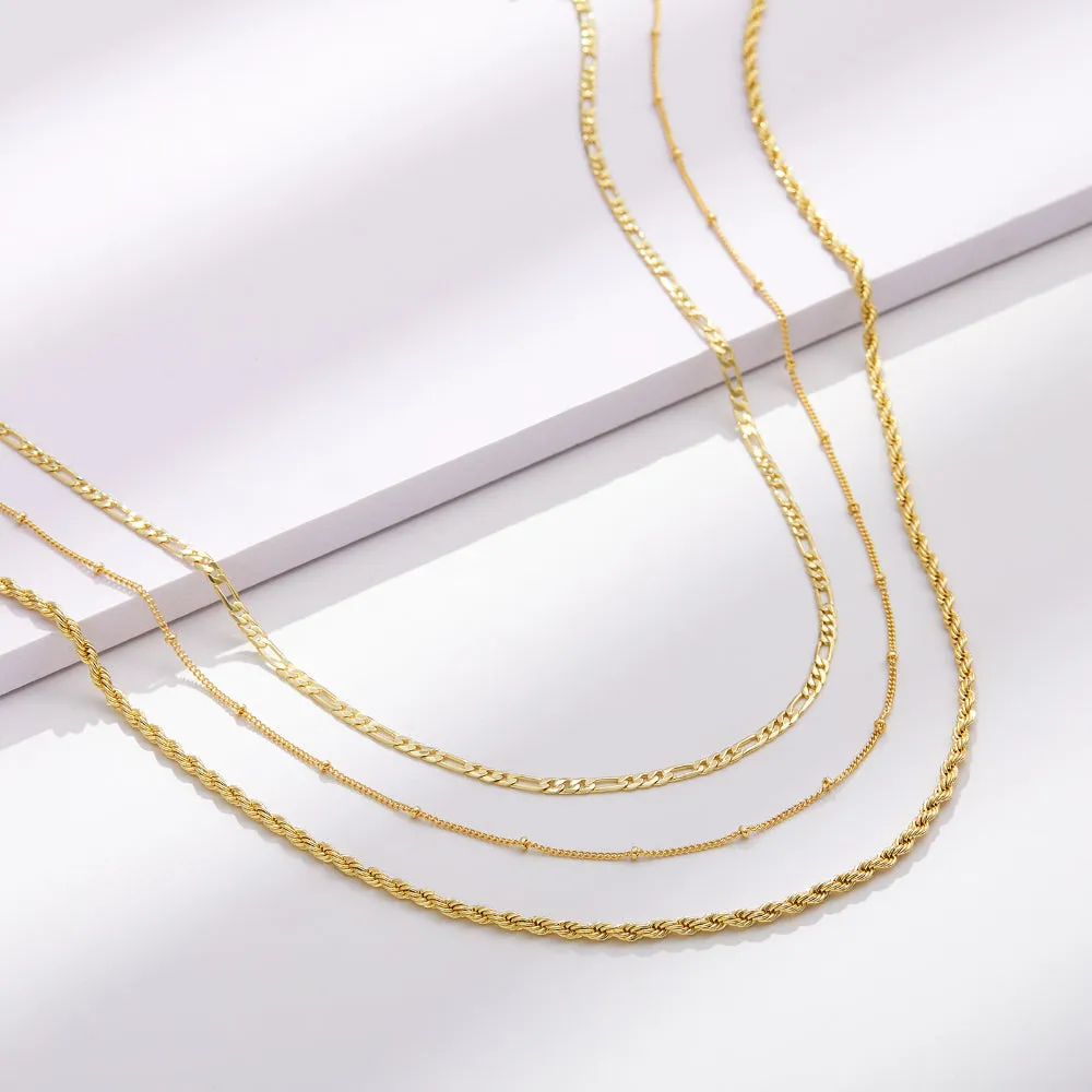 Dainty 14K Gold Layered Necklaces- Satellite Figaro Rope Chain