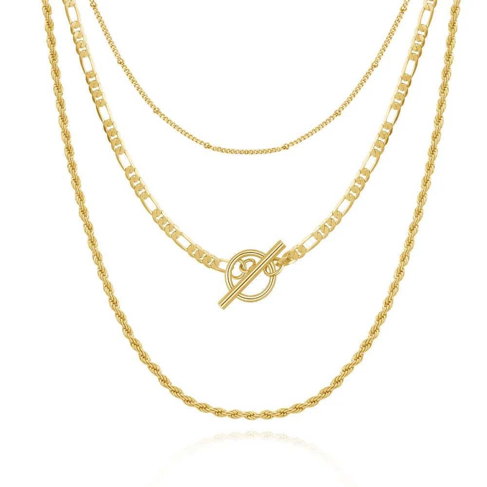 Dainty 14K Gold Layered Necklaces- Satellite Figaro Rope Chain