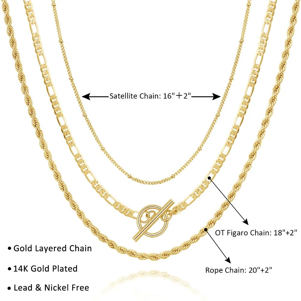 Dainty 14K Gold Layered Necklaces- Satellite Figaro Rope Chain