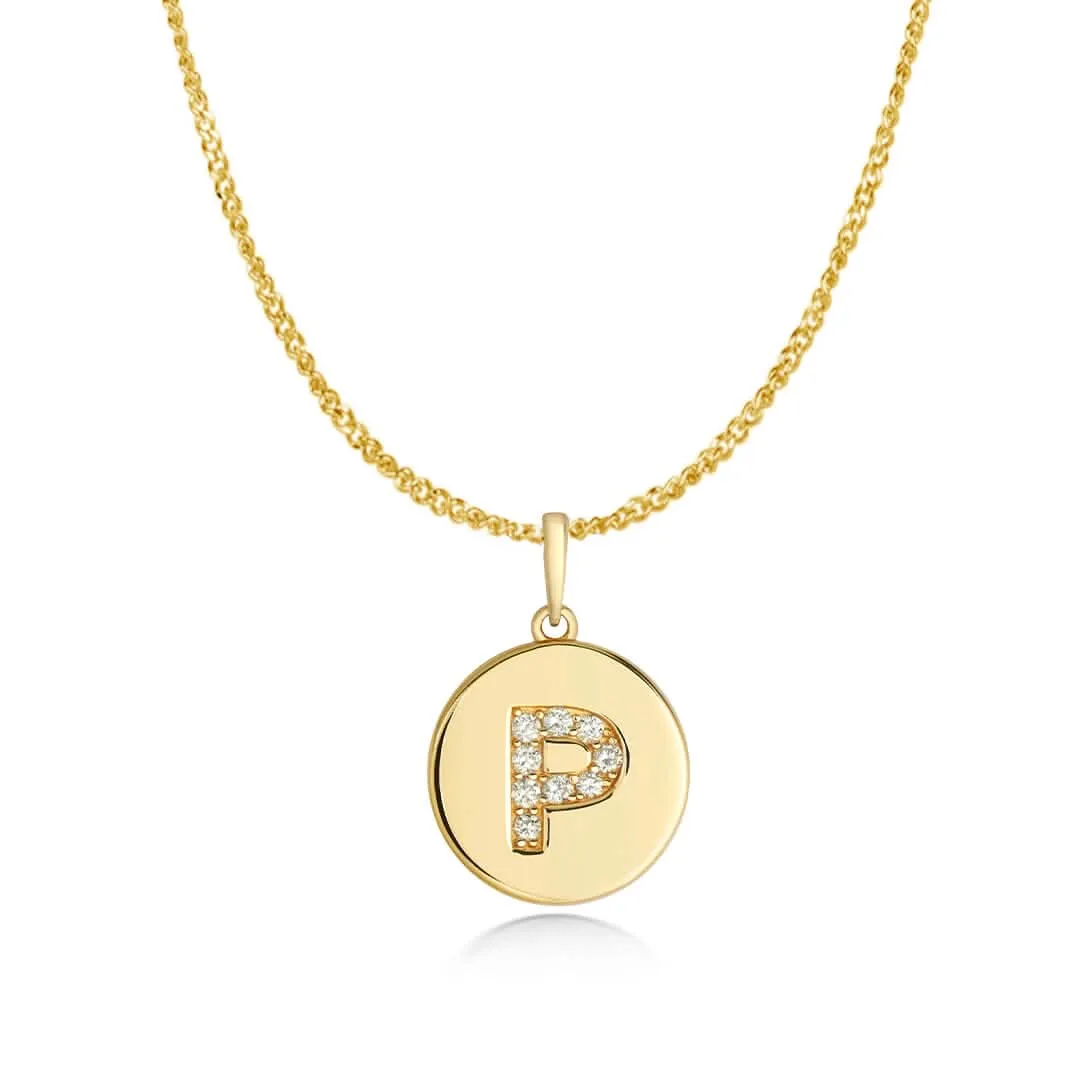 Diamond Initial Necklace | Solid Gold Disc | A to Z