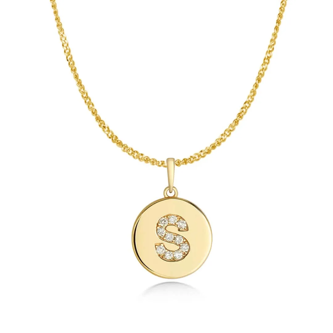 Diamond Initial Necklace | Solid Gold Disc | A to Z
