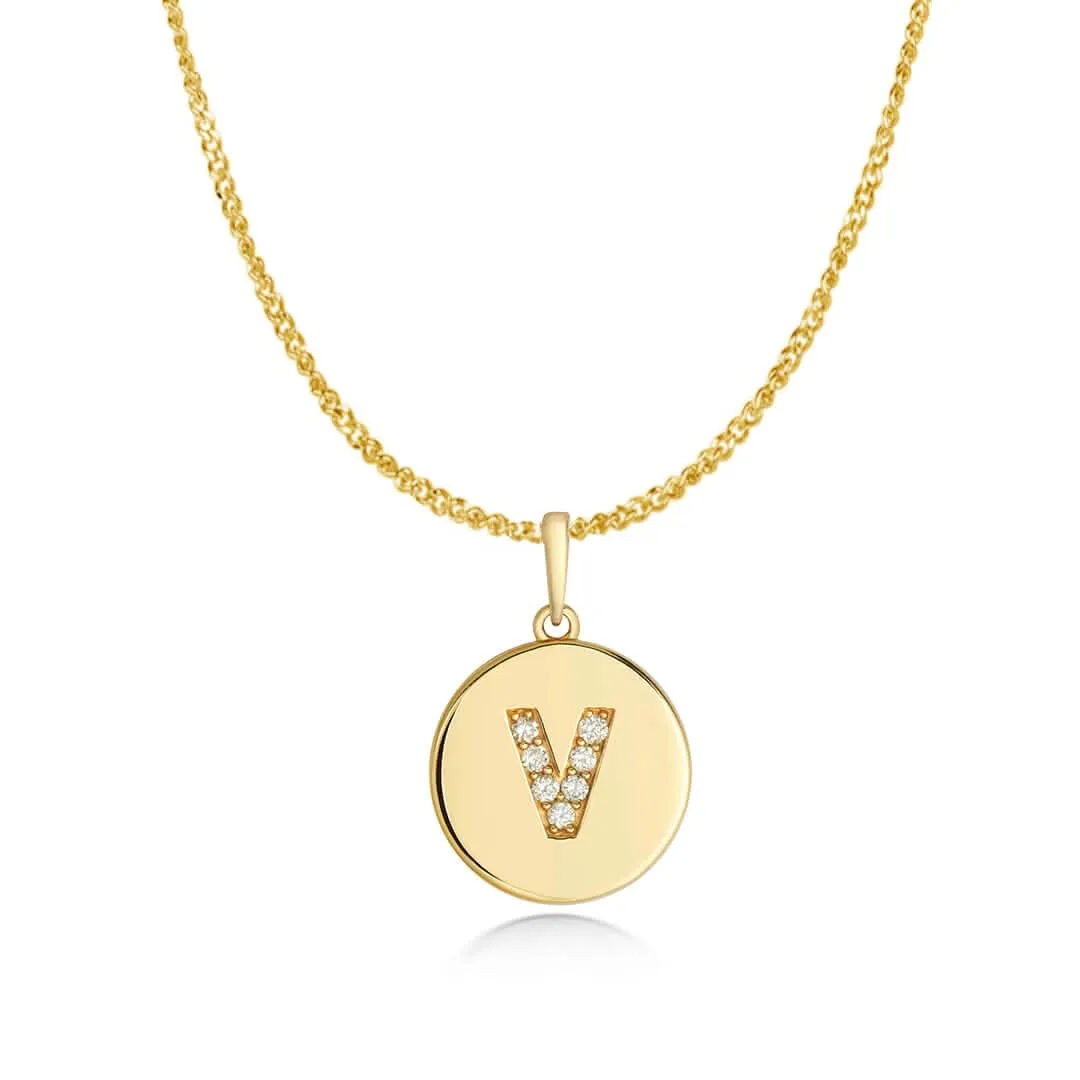Diamond Initial Necklace | Solid Gold Disc | A to Z