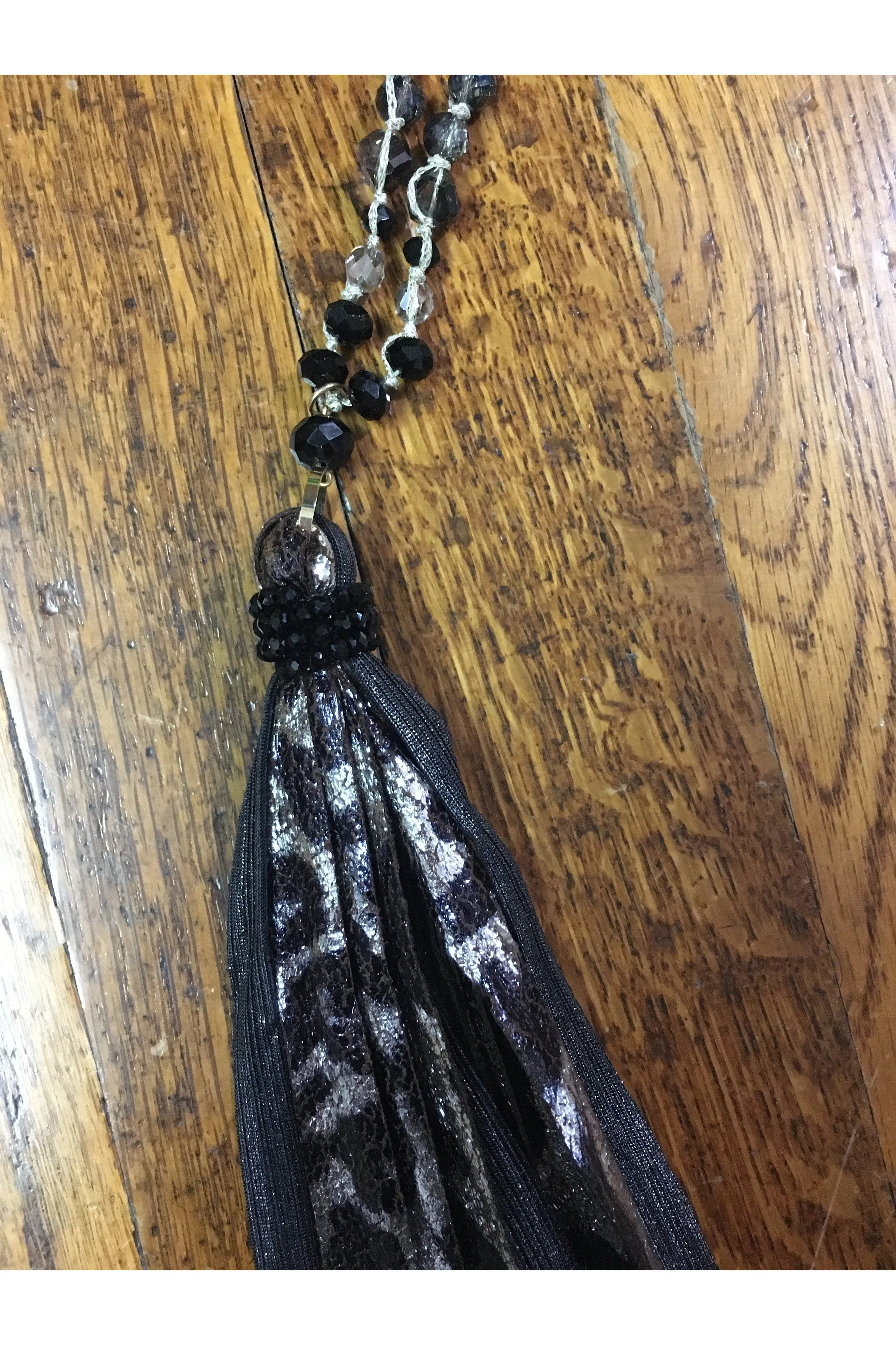 Emma Black And Silver Faux Leopard Tassel Necklace