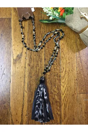 Emma Black And Silver Faux Leopard Tassel Necklace