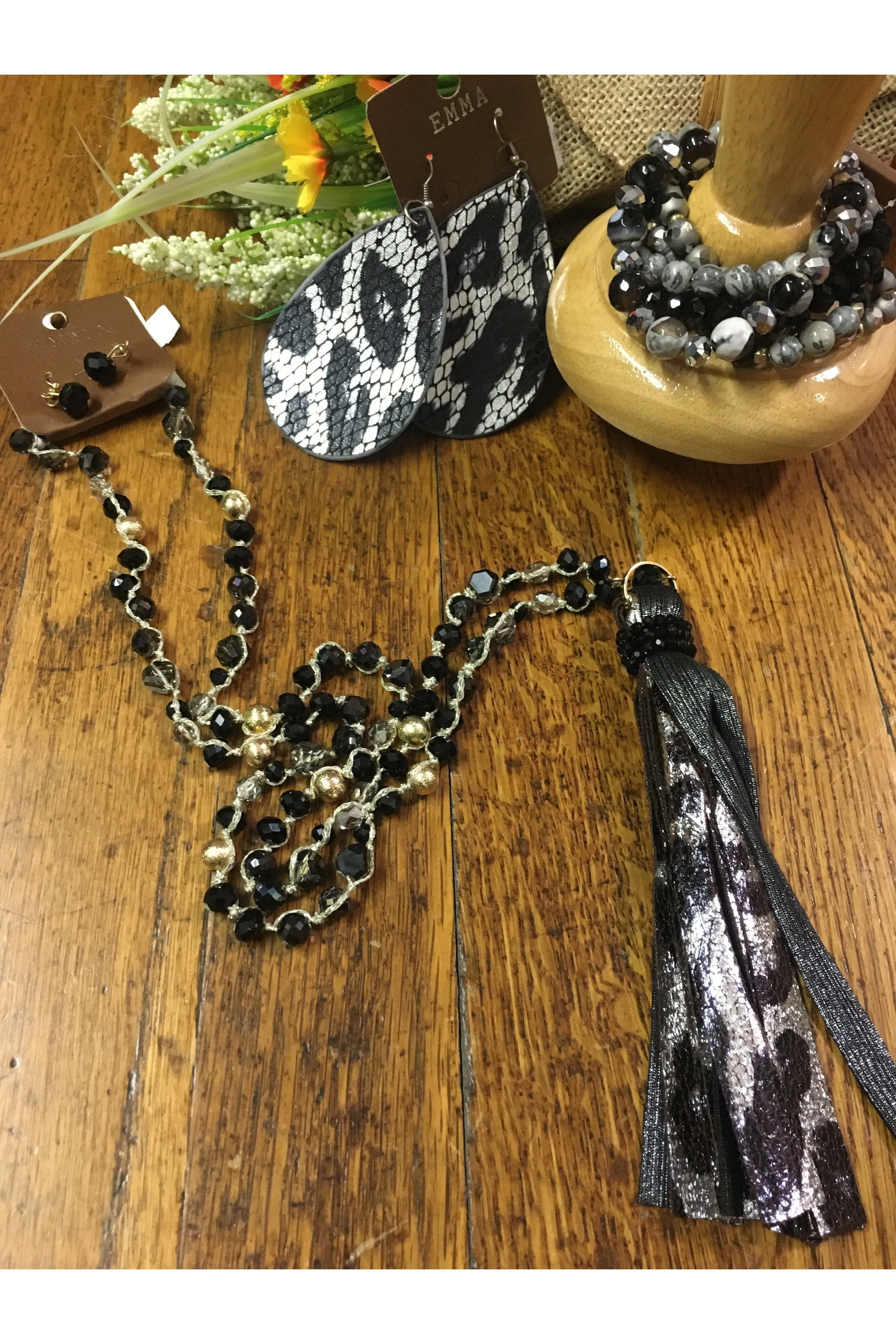Emma Black And Silver Faux Leopard Tassel Necklace