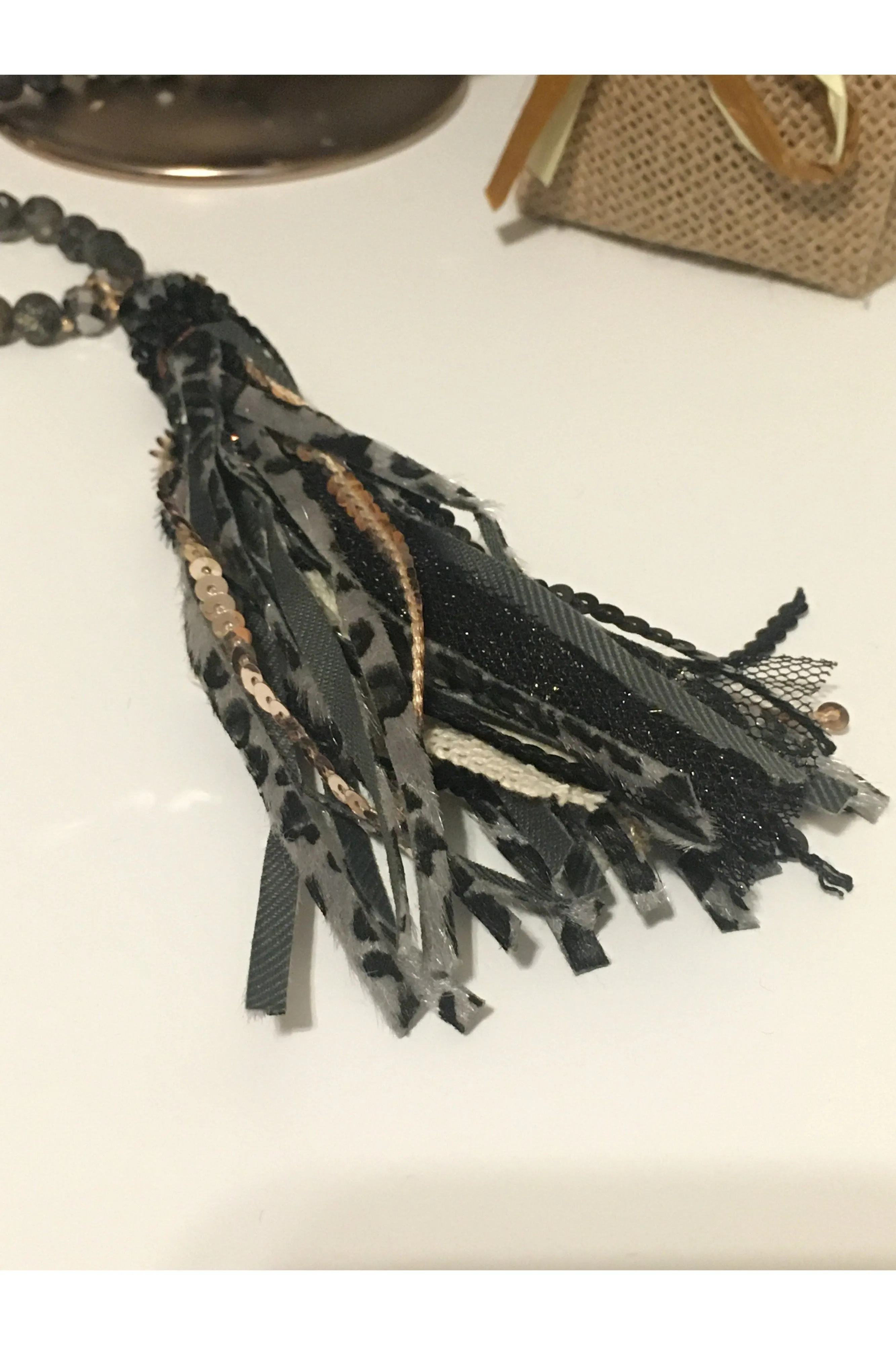 Emma Black Faux Leopard Tassel Necklace