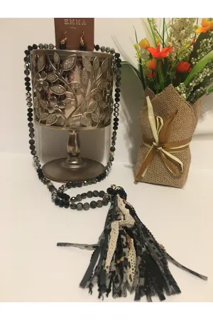 Emma Black Faux Leopard Tassel Necklace