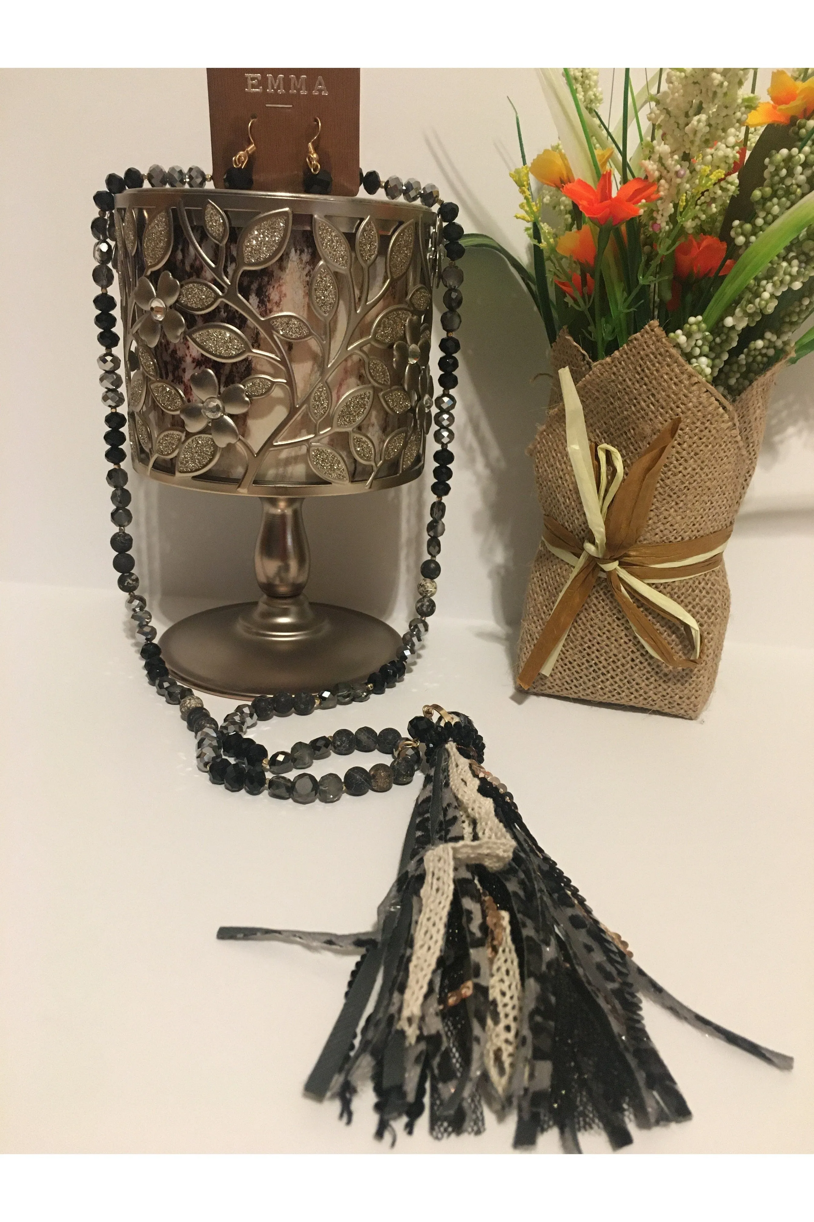 Emma Black Faux Leopard Tassel Necklace