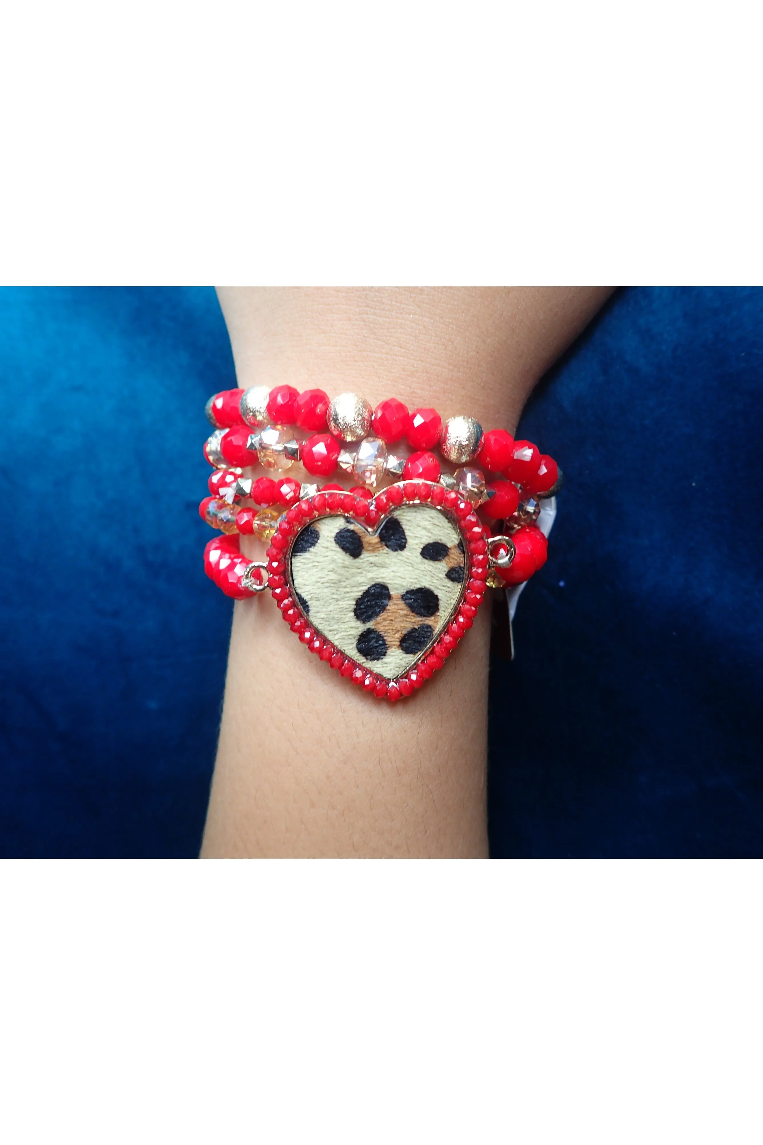 Emma Red And Gold Bead Stack Bracelet With Faux Leopard Heart Center