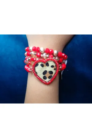 Emma Red And Gold Bead Stack Bracelet With Faux Leopard Heart Center