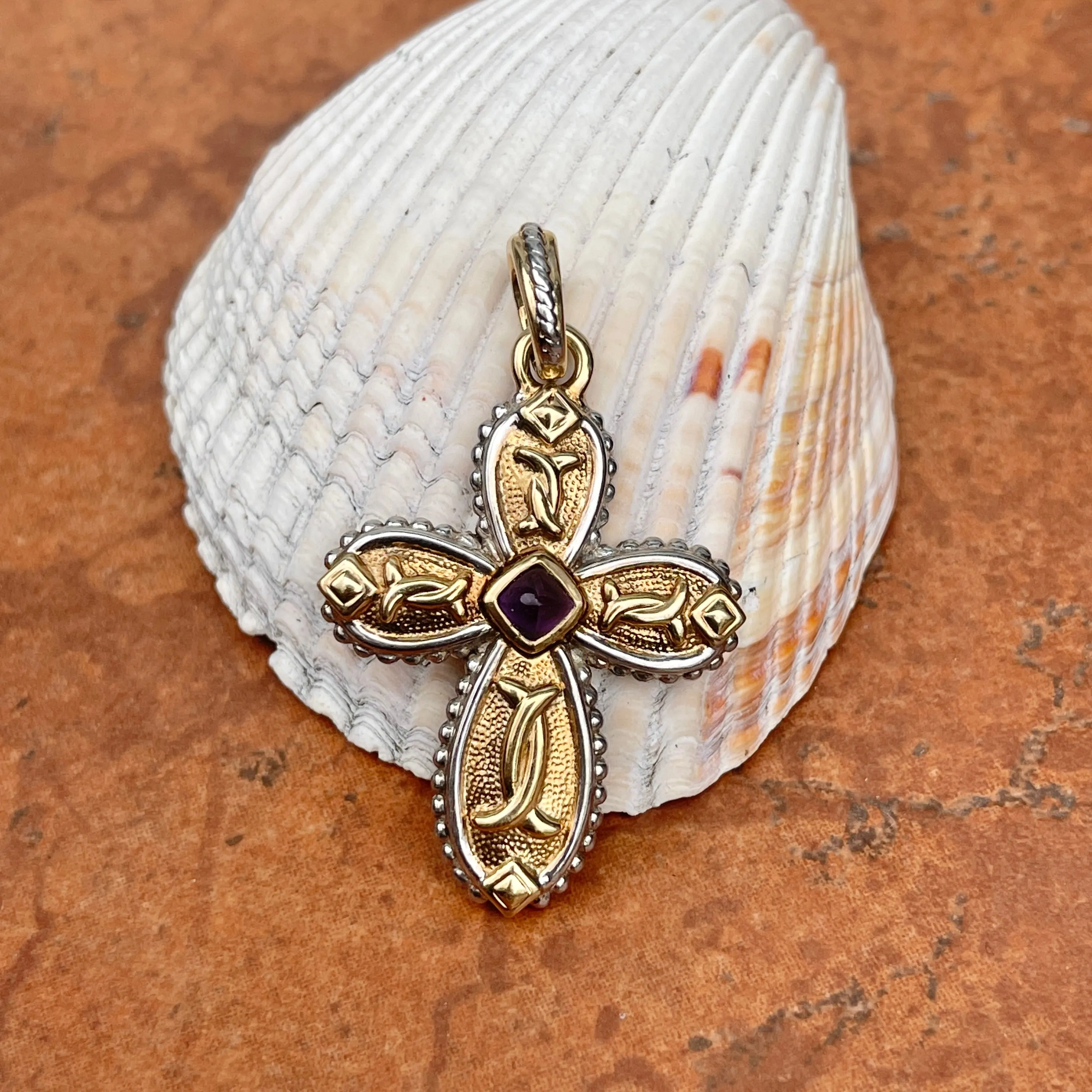 Estate 14KT Yellow Gold   White Gold Byzantine Amethyst Cross Pendant Enhancer