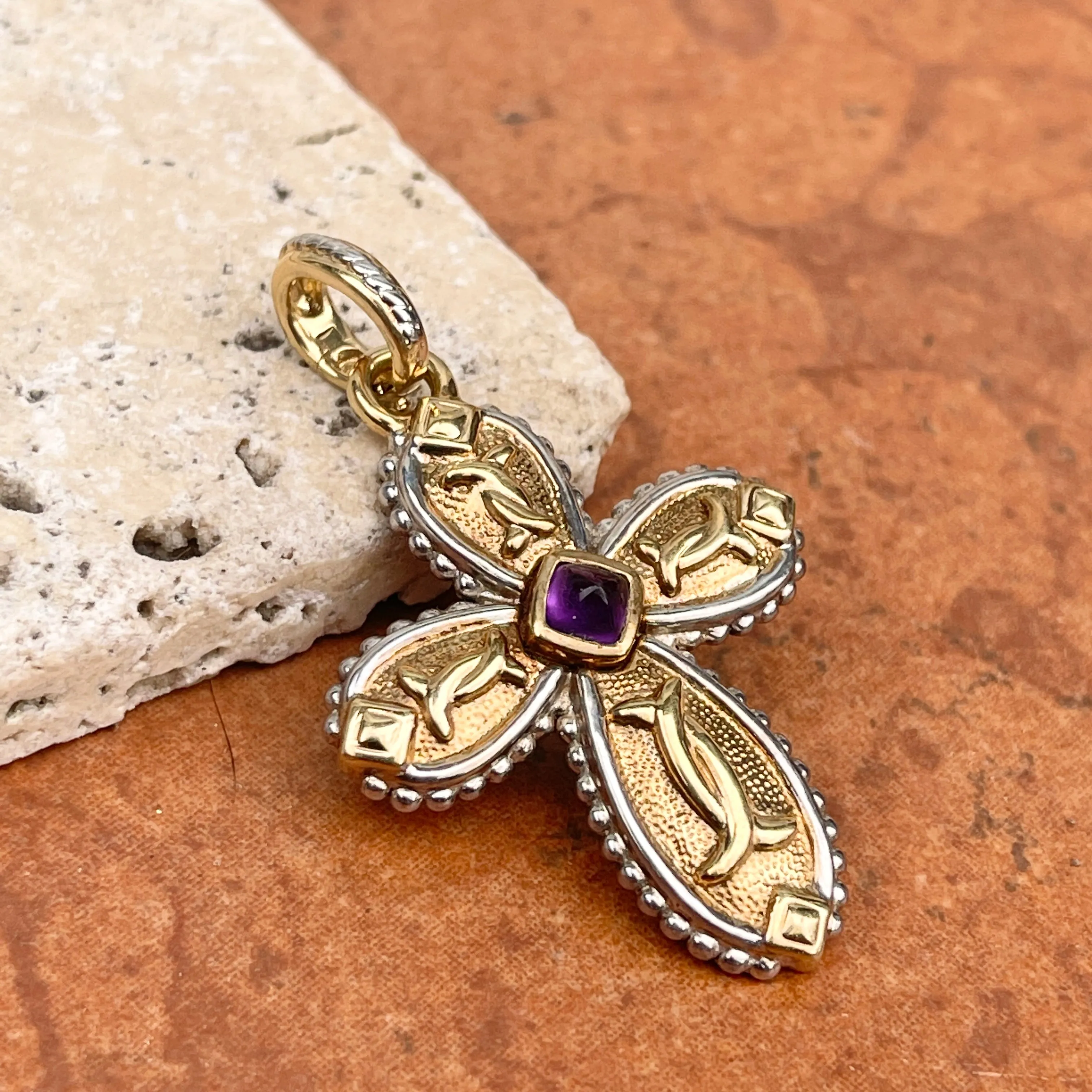 Estate 14KT Yellow Gold   White Gold Byzantine Amethyst Cross Pendant Enhancer
